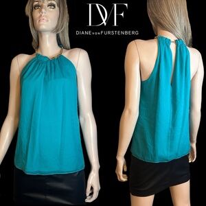 Diane Von Furstenberg Aubrey Two Silk Georgette Draped Blouse Medal Chain